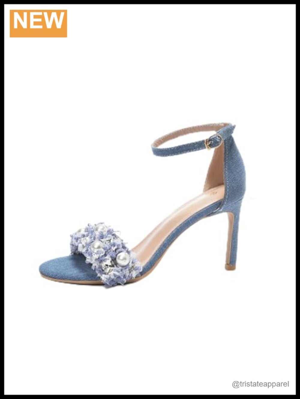 Denim Stiletto Heeled Sandals Rhinestone Pearl Ankle Strap Open Toe Party Shoes